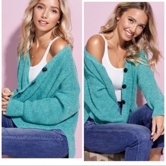 Teal Oversized Cardigan Knit Cropped Boho Sweater - Picture 1 of 3